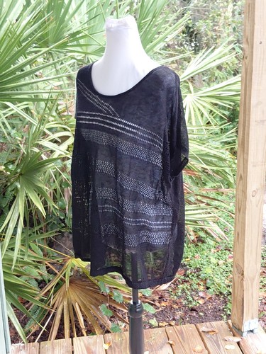 Chicos Travellers 1 Mujer M Suéter Negro Crochet Transparente Mezcla de Lino Boho Costero - Imagen 8 de 17