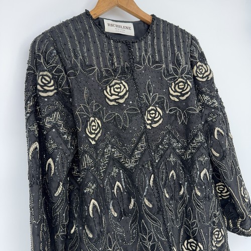 Vintage Beaded Evening Jacket Women’s LG Richilene NY Black Embroidered Roses - Imagen 2 de 9