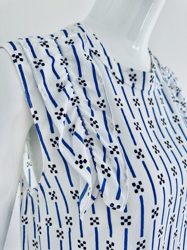 🔷PRADA Top Blouse Sable Damier Riga Viscose White Royal Blue Logo Size IT42 S🔷 - Picture 20 of 23