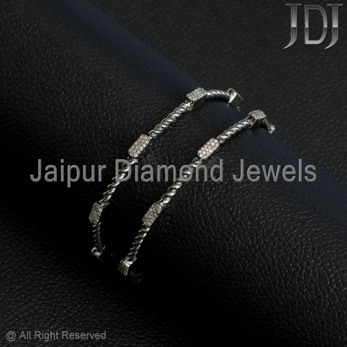 Natural Pave Diamond 925 Sterling Silver Stackable Jewelry Sleek Bangle 2 PC - Picture 4 of 12