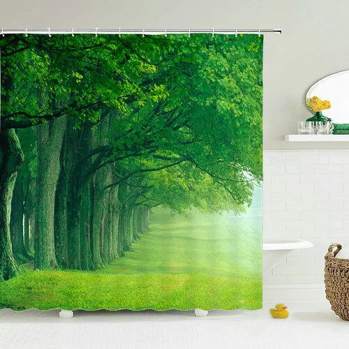 Waldduschvorhang Grün Pflanzenbaum Landschaft Badvorhang mit Haken - Bild 8 von 50