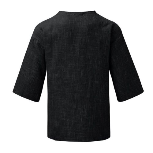 Men's Casual Crew Neck Drop Shoulder 3/4 Sleeve Frayed Fringed Top Shirt - Picture 12 of 18