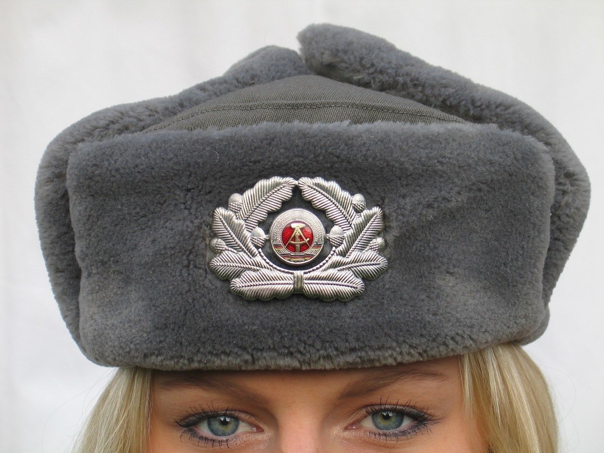 New East German army grey fur lined winter hat cap military
