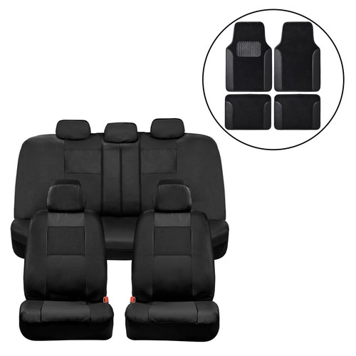 Front Rear Black PU Leather Car Seat Covers Set with Black Carpet Floor Mats - Bild 1 von 6