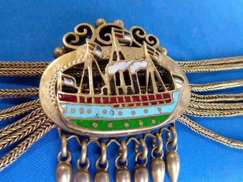 Antique Two-Sided Enameled Silver Slide Watch Fob Chain Necklace SAILBOAT Scene - Picture 14 of 24