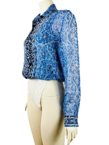 A'nue Ligne Bodysuit Blouse Women's Medium 100% Silk Blue Sheer Lined Lace - Picture 4 of 13