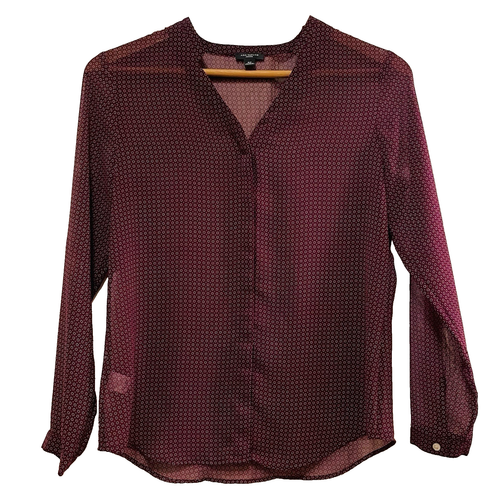 ANN TAYLOR Burgundy Sheer Button Up Long Sleeve Shirt Sz 4P - Picture 1 of 7