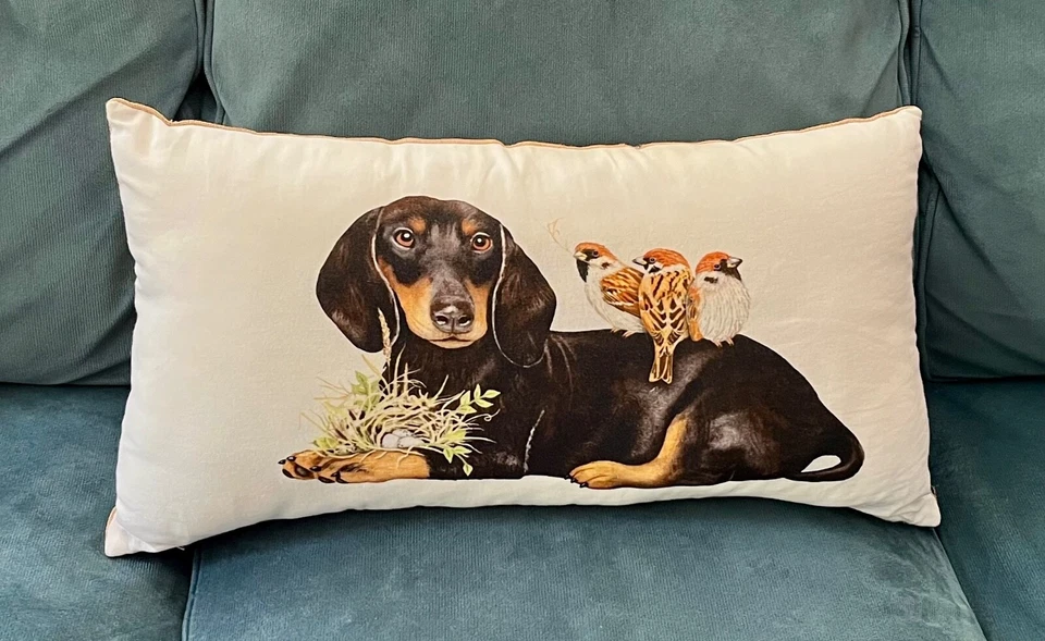Creative Co-op Dachshund Dog with Birds Lumbar 26"x14” Pillow, New, Sealed Bag - Image 4 of 4