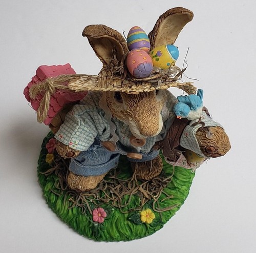 Conejo de Pascua con pájaro azul, estatuilla de huevos de caza, resina y sombrero de paja - Imagen 6 de 6