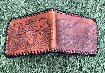 Vintage Tooled Leather Wallet   Bifold Whipstitch Western Horse Stallion Cowboy