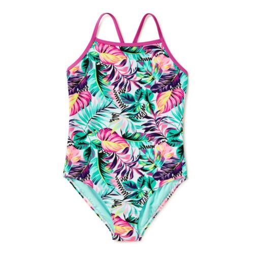 Wonder Nation Girls Tropical Everyday One-Piece Swimsuit, Multi, XL (14-16)