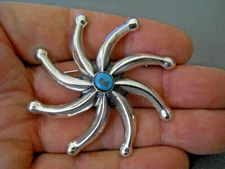 Southwestern Native American Turquoise Sterling Silver Swirl Sun Cast Pin Brooch