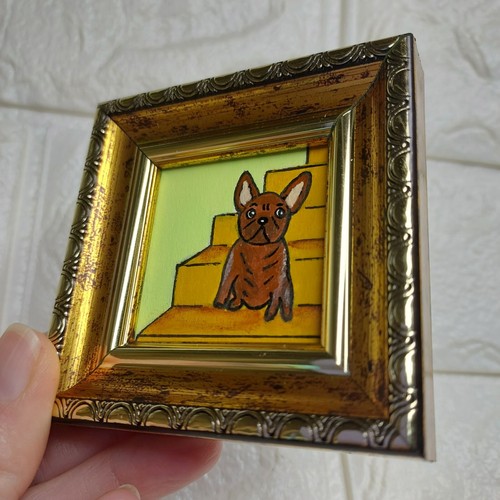Bulldog Francés Perro Pintura Oro Original Enmarcado Divertido Perro Marrón Mini Arte - Imagen 6 de 10