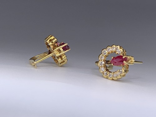 18k Yellow Gold Oval Ruby Diamond Huggie Omega Back Earrings - Picture 5 of 9