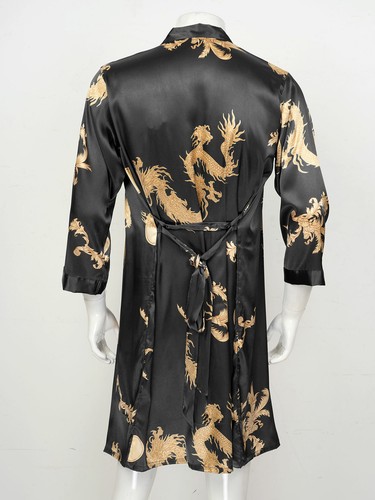 Men's Dragon Printed Satin Robe Set Silk Kimono Bathrobe with Shorts Nightgown - Picture 24 of 29