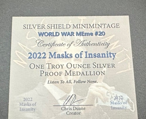 Masks Of Insanity 2022 a prueba de plata de 1 oz certificado de autenticidad .999 Pure Box Silver Shield Limited - Imagen 10 de 11