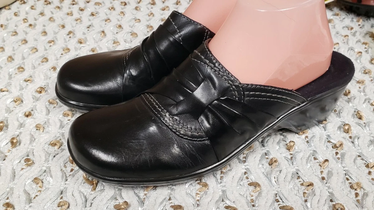 Clarks Womens Bendables Leather Slip On Knotted Clogs Shoes Black Size 9M