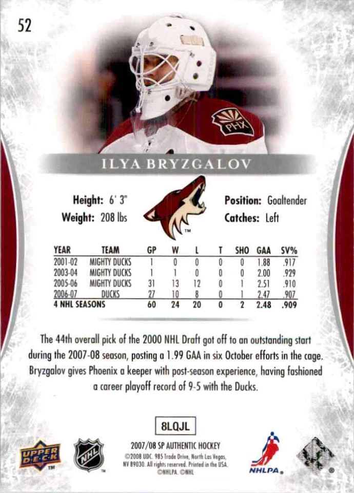 2007-08 Upper Deck SP Authentic Ilya Bryzgalov #52 - Image 2 of 2