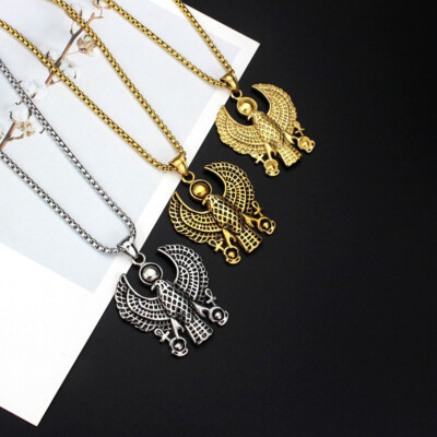 MENDEL Men's Egyptian Horus Falcon Ankh Necklace – Stainless Steel, 25 Inches, Silver Tone