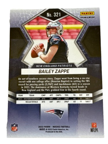 2022 Panini Mosaic Bailey Zappe RC #321 Orange Reactive Prizm Rookie | Patriots - Bild 2 von 2