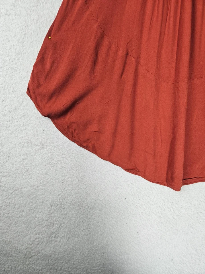 H M Mujer Falda 6 Naranja Óxido 100% Viscosa Volantes Tirar Cintura Elástica Rodilla Len Foto 4 de 4