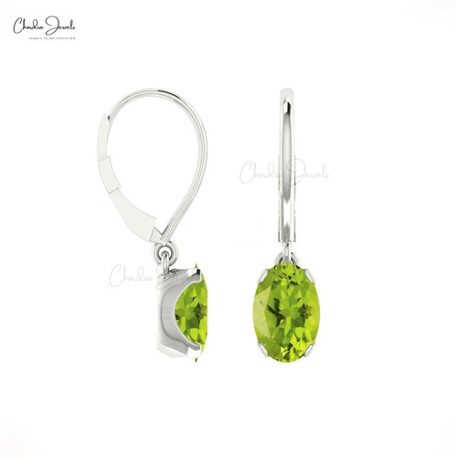 14k Gold Lever back Earring 6x4mm Oval Natural Peridot Dangle Earrings for Women - Picture 3 of 22
