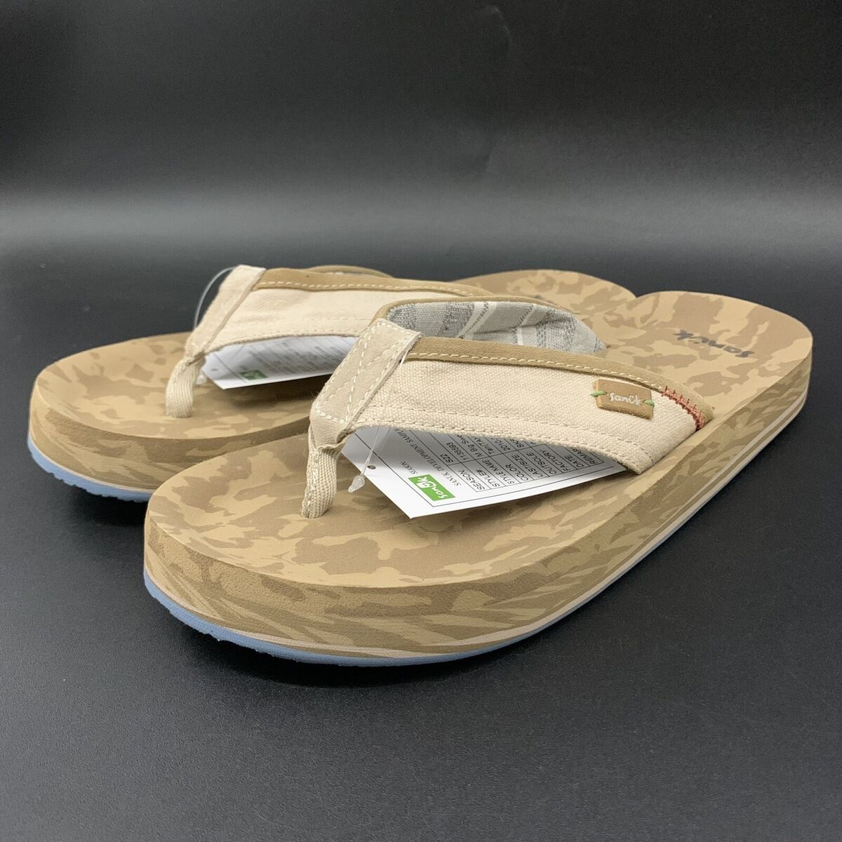 SANUK BIG SWELL ST FLIP FLOPS MENS SIZE 9 US TAN CAMO HEMP COTTON LEATHER SANDAL eBay