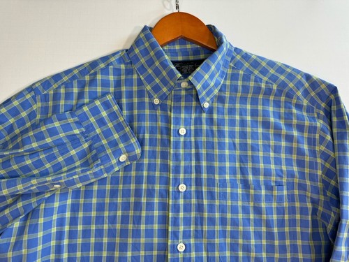 Brooks Brothers Hemd Herren Gr. M Langarm Blau Gelb Knopfleiste 100% Baumwolle