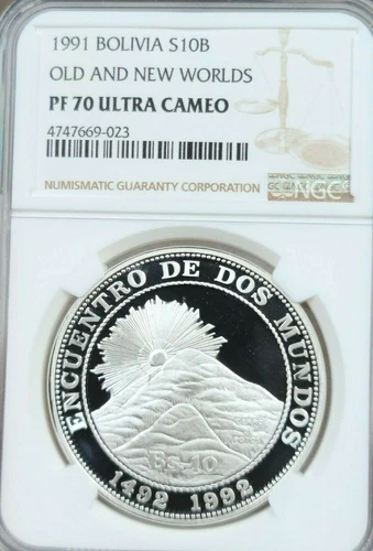 1991 BOLIVIA SILVER 10 BOLIVIANOS OLD AND NEW WORLDS NGC PF 70 ULTRA CAMEO