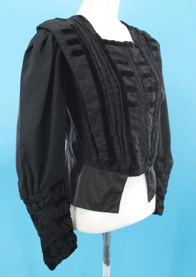 Chaqueta de lana negra eduardiana antigua de finales de 1800 de colección para mujer con ribete de terciopelo XS/S Foto 2 de 4