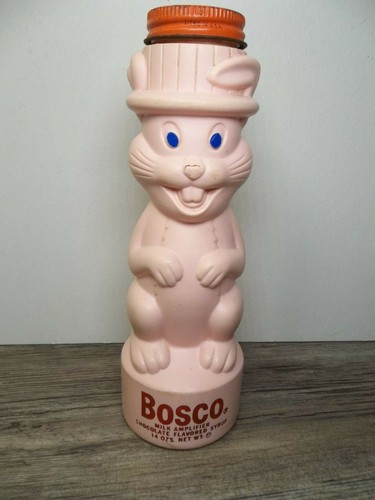 vintage chocolate drink Bosco co. pink rabbit shaped bottle Easter bunny U