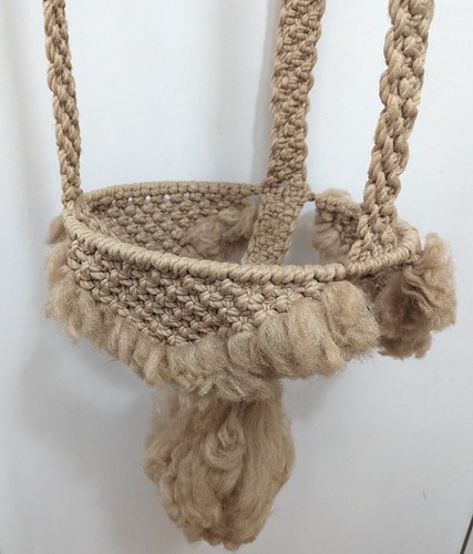 Porta piante macramè a strati di iuta MCM vintage anni 70 grande retrò perline legno boho - Foto 4 di 8