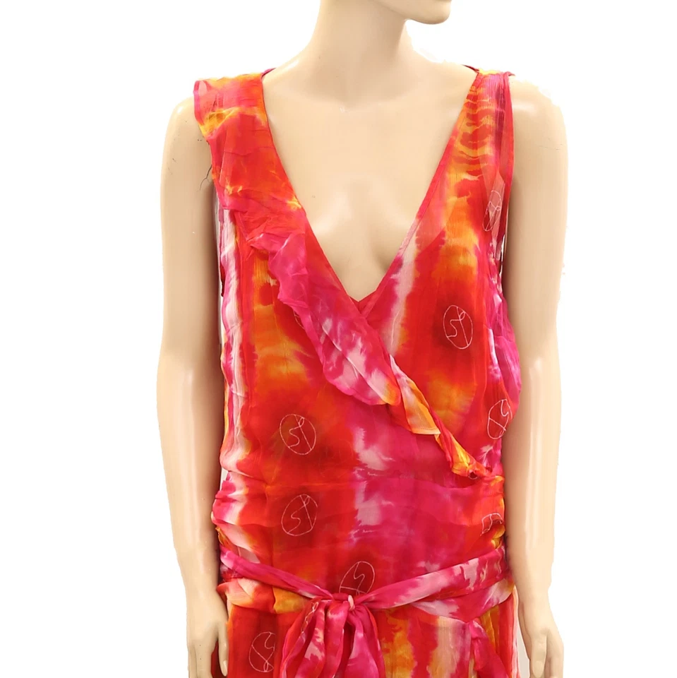 Saks Potts Dalia Maxi Long Dress Tie Dye Printed Silk Sheer Ruffle XS New 278337 - Image 3 of 4