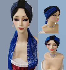 Black Chemo Hat .Cotton Turban.with Fancy Long Lace Royal Blue Band Scarf