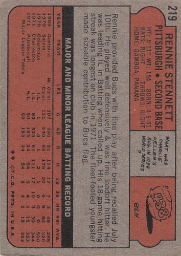 1972 Topps #219 Rennie Stennett, en muy buen estado-excelente - Imagen 2 de 2