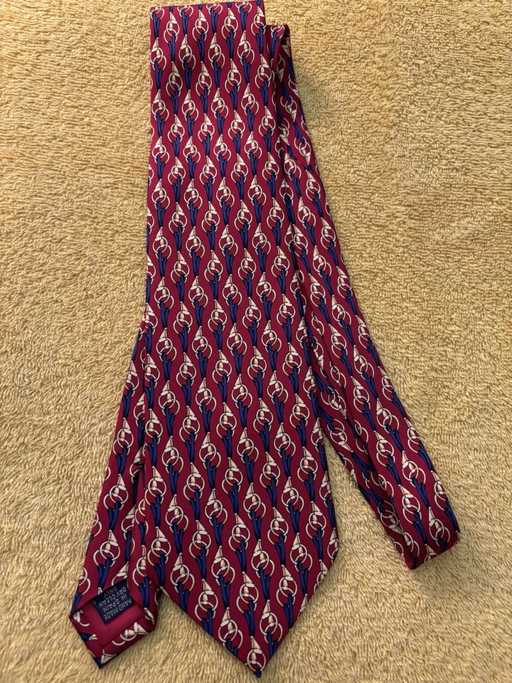 Richel 100% Silk Tie Spain Red w/ Blue & Gold Equestrian Print 3.5"W x 57"L GUC - Image 3 of 4
