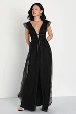 Lulus I'M All Yours Tulle Ruffled Maxi Dress Black S
