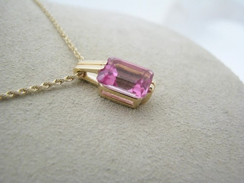 c291 Stunning Emerald Cut Pink Saph Set in 14k YG on 14k YG Rope Chain - Picture 4 of 7