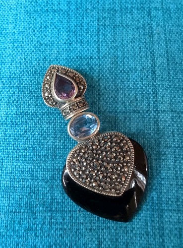 Gorgeous Art Deco Heart Shaped Onyx Amethyst Marcasite Sterling Silver Pendant - Picture 2 of 8