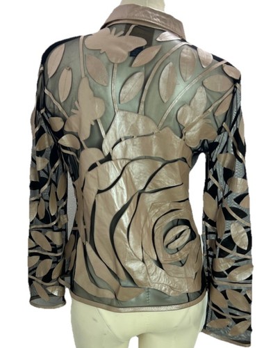 STILLMAN STUDIO Black Leather Leaf Embossed & Flower Full Zip Jacket, M - Picture 2 of 4