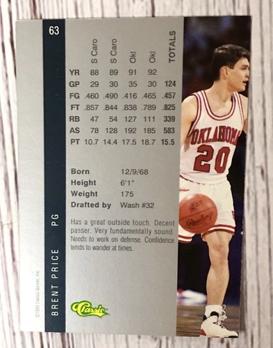 1992 Classic Four-Sport Multi-Sport Card #63 Brent Price - Picture 4 of 4