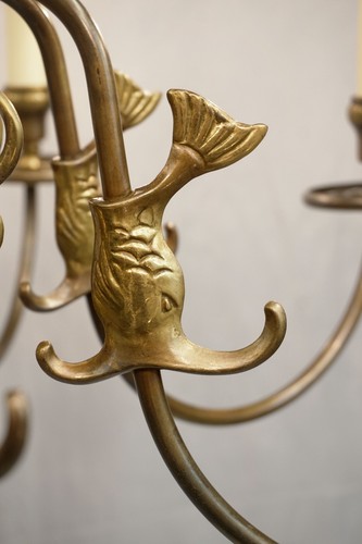 Antique 8 fl. Flemish Ceiling Light brass eagle + fish restored 75 cm Vintage - Picture 6 of 9