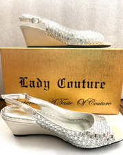 Lady Couture Wedge Embellished Dress Slingback Peep Toe Sandal, Sz EU 37 US 6.5