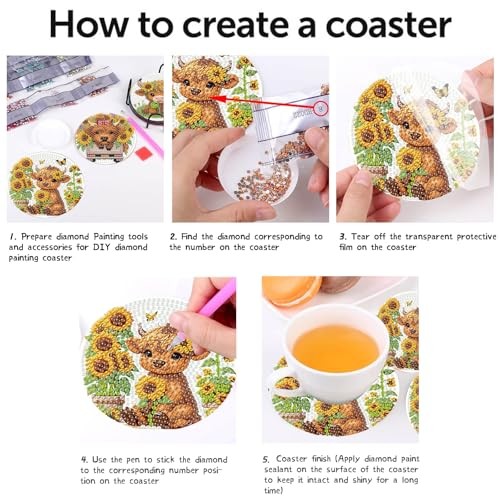 8 Stück Kuh Diamond Painting Untersetzer mit Halter, Highland Cow Diamond Painting  - Bild 6 von 7