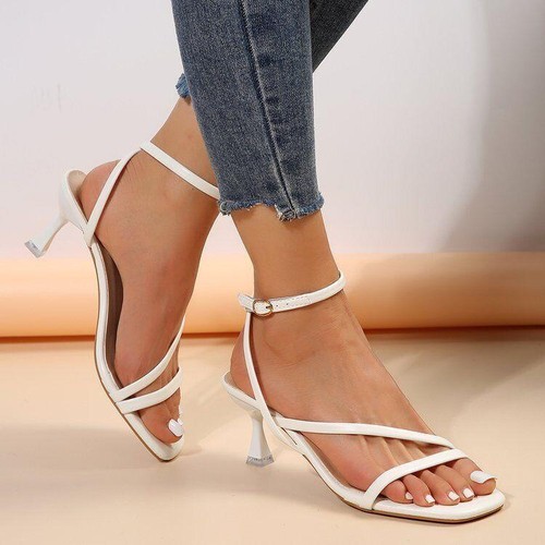 Women Strappy Kitten Heel Square Toe Sandals Summer Buckle Roman Shoes Slingback - Picture 11 of 11