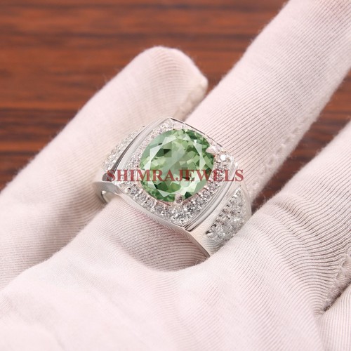 Natural Green Amethyst Gemstone With 14K White Gold Plated Silver Men Ring #1405 - Picture 8 of 11