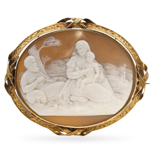 Antike 16K Gelbgold Maria Josef & Jesuskind Muschel Kamee Brosche - Bild 1 von 7