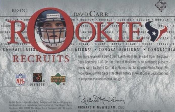 2002 SP Legendary Cuts David Carr #RR-DC