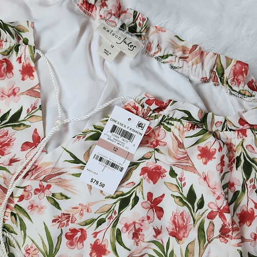 Maison Jules Rothschild schulterfreies Kleid Elfenbein Rouge Blumen Kordelzug Gr. 12 - Bild 3 von 8