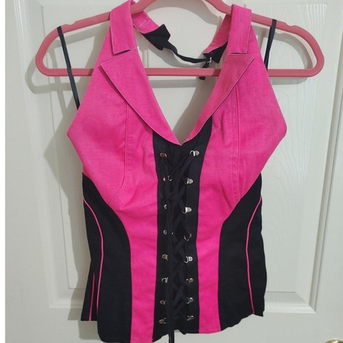 Tripp NYC Halter Corset Pink Black Tie Up Front Pull Zips Back Medium - Picture 2 of 7